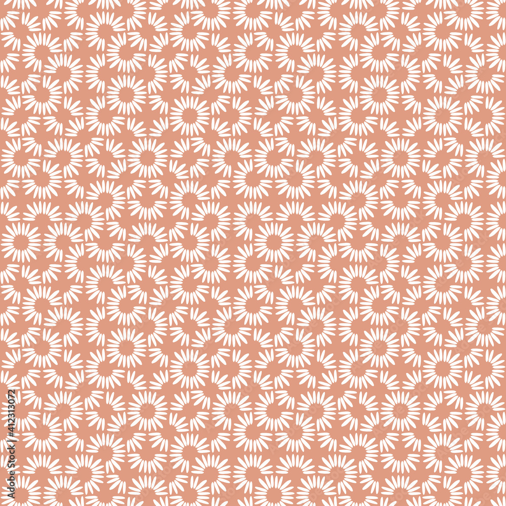 Abstract seamless vector pattern with white daisy petals on orange background. Minimal concept great for summer vintage fabric, scrapbooking, wallpaper, gift-wrap. Surface pattern design. Abstract seamless vector pattern with white daisy petals on orange background. Minimal concept great for summer vintage fabric, scrapbooking, wallpaper, gift-wrap. Surface pattern design.