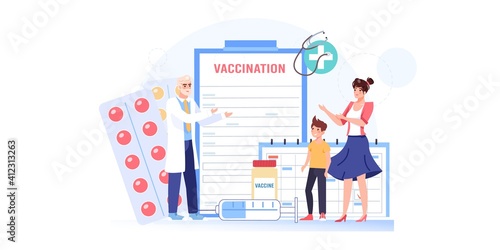 Vector cartoon flat patients,doctor characters.Physician character prescribes vaccination to family people-medical treatment therapy,online telemedicine,web banner ad concept