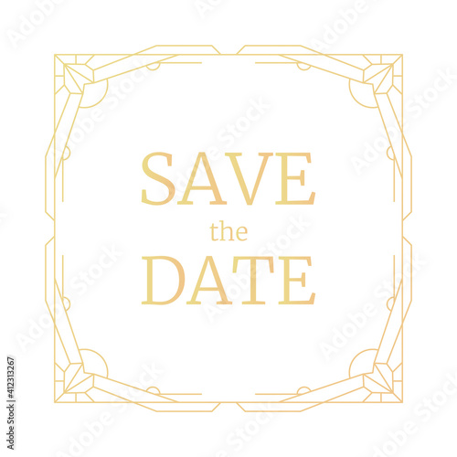 Vector illustration golden geometric frame, retro line wedding invitation. Gold frame Art Deco geometry pattern, trendy border. Vintage save the date square rectangle template, greeting card.