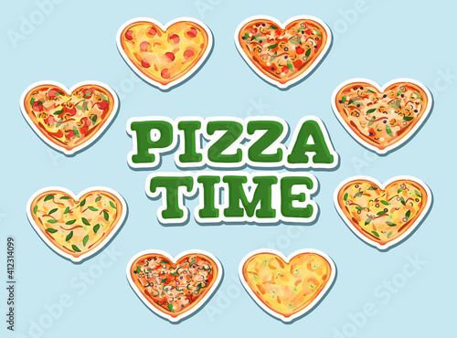Set of eight cartoon heart pizzas with different ingredients isolated on blue background for Valentines day party. Green Pizza time serif bulky text. White Paper stickers effect