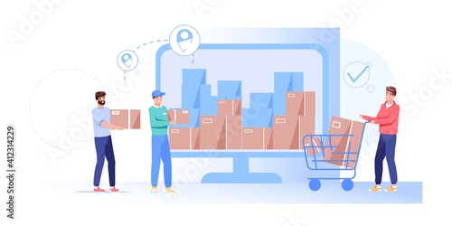 Vector cartoon flat characters receive online orders buys.Delivery service workflow-ordered goods on computer screen app,courier give purchase to happy customer-online shop,web site banner ad concept