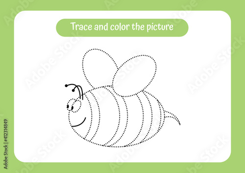 Bee. Trace and color the picture. Educational game for children. Handwriting and drawing practice. Nature theme activity for toddlers, kids.