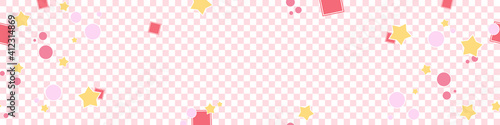 Cheerful and cute background for web design, sales or advertising. Manga or cartoon poster for the holidays and decoration. Vector banner with white and pink checkered pattern, stars and pink rounds.