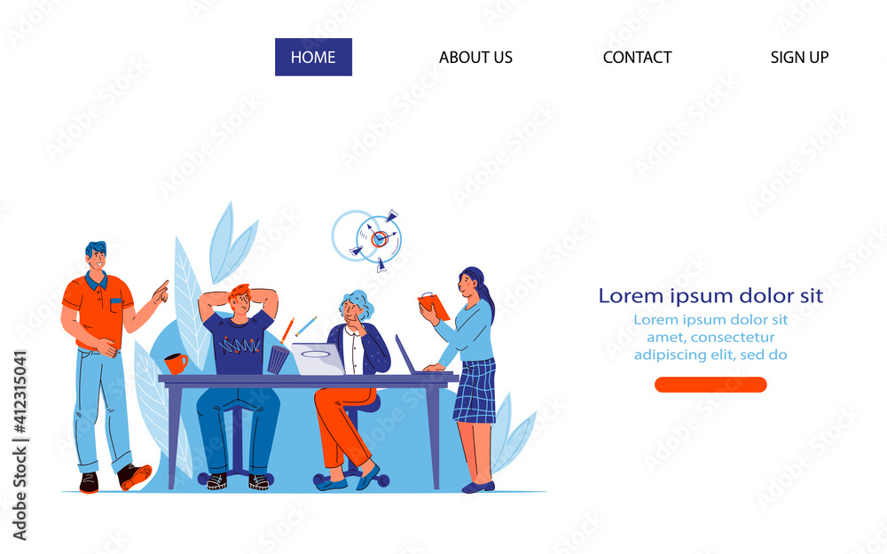 Business team brainstorming meeting website banner template. Webpage interface with colleagues are meeting around the table, cartoon vector illustration on white background.