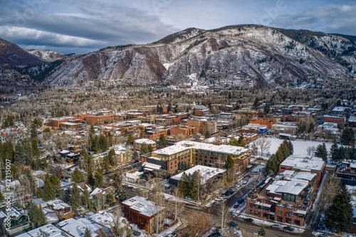 Aerial View of the world famous Colorado Ski Town during Winter