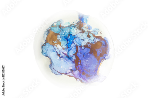 Liquid ink, abstract background in gold, blue and purple colours in round shape
