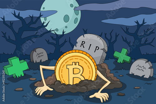 The uprising and the growth of Bitcoin. Illustration for the unexpected rise in the price of bitcoin. BTC's rise from the dead and the green pros of income. Cartoon easy to use and edit vector.