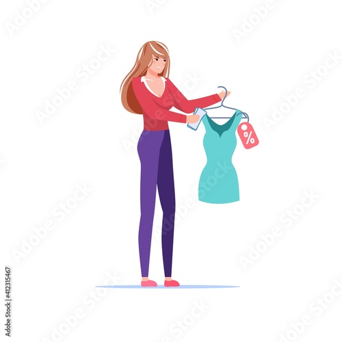Vector cartoon flat girl character hold dress with shopping discount.Happy customer enjoy clothing store sales-online shop,web site banner ad,social media concept,app design