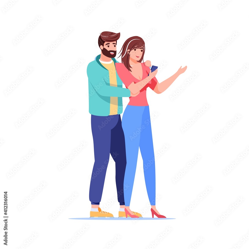 Vector cartoon flat characters couple making selfie.Happy young people in love rejoice,hugging,make foto using mobile phone-romantic emotions,family,social media concept