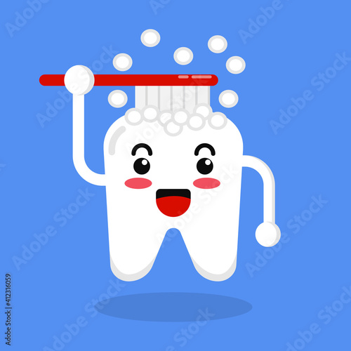 tooth brush, let brush your teeth diligently Dental Cartoon Icon, and illustration Vector