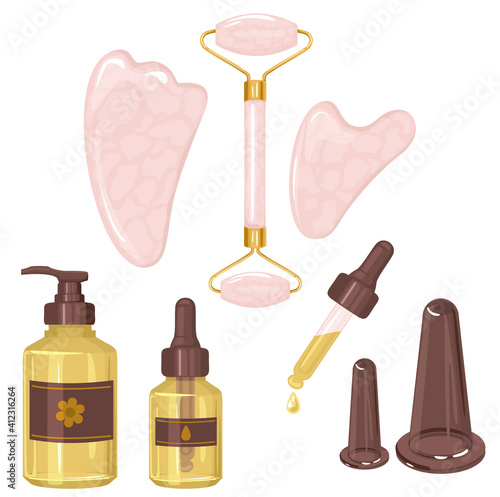 Set tools for massage gouache, vacuum cans and oil for self-massage. Vector color illustration, hand drawn. vector