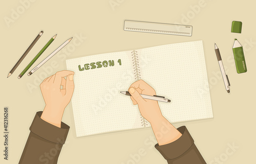 Notebook or exercise book for summary notes, pen, pencil, marker, ruler are on table in room. Human starts writing something, hands are shown. White pen is in right hand, Lesson number one is written