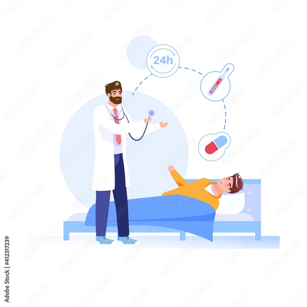 Vector cartoon flat patient,doctor characters.Physician character examines sick person man in bed,prescribes medications-medical treatment therapy,telemedicine,web online banner ad concept Vector cartoon flat patient,doctor characters.Physician character examines sick person man in bed,prescribes medications-medical treatment therapy,telemedicine,web online banner ad concept