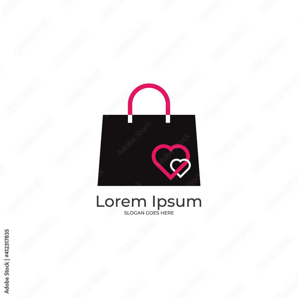 Shopping bag logo with heart icon, ladies hand bag vector Shopping bag logo with heart icon, ladies hand bag vector