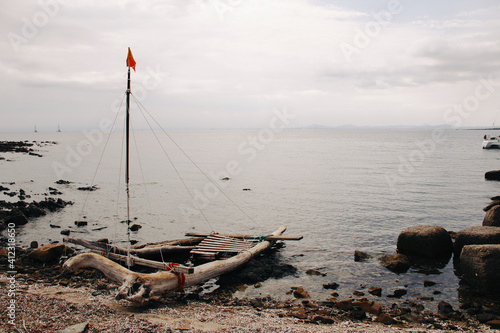 Fotografie Sardinia, Asinara - rudimentary raft on the beach