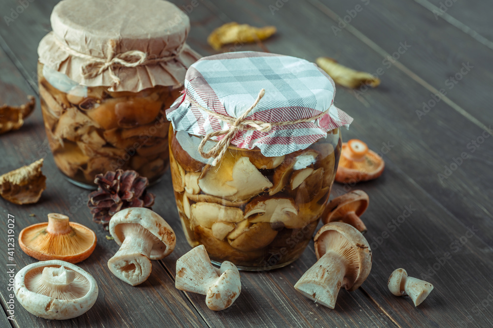 Mushrooms marinaded in glass jars. Fermented mushrooms on rustic widen background. mushrooms conservation for the winter.Several types of pickled mushrooms in jars.