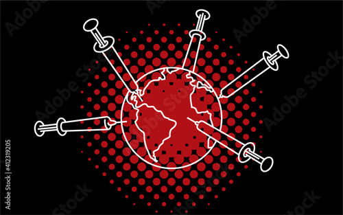 World vaccination vector banner. COVID-19 Coronavirus vaccine syringes needles are injected around planet Earth.
