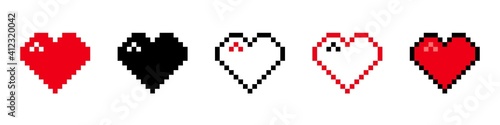 Filled hearts and outlines pixel icons. Red symbol love and black dirty betrayal empty abstract shells and with stylish dark outline.