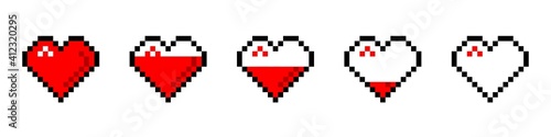 Filling red hearts descending pixel icon. Romantic abstract symbols with gradual loss love and fading warm feelings decoration for vector game industry.