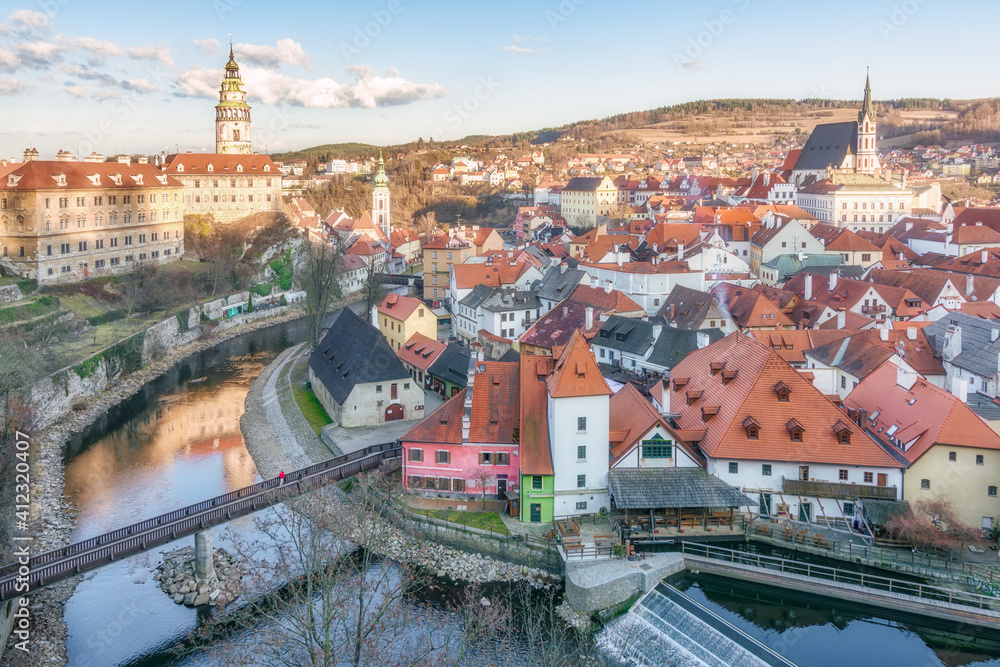 Aerial view of Cesky Krumlov old town at sunset, Czech Republic.