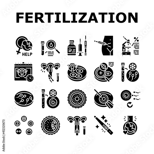 Fertilization Treat Collection Icons Set Vector. Fertilization Help And Consultation, Analysis And Medicaments, Ovulation And Freezing Sperm Glyph Pictograms Black Illustrations