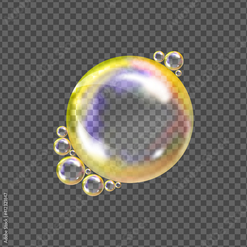 Flying transparent soap bubbles on checkered background.Reaistic colored balls.Vector texture. photo