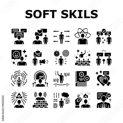Soft Skills People Collection Icons Set Vector. Creativity And Decision Making, Understanding Body Language And Learning, Soft Skills Glyph Pictograms Black Illustrations