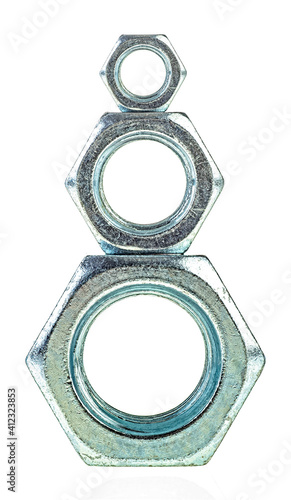 Three metallic nuts isolated on a white background. Pyramid.
