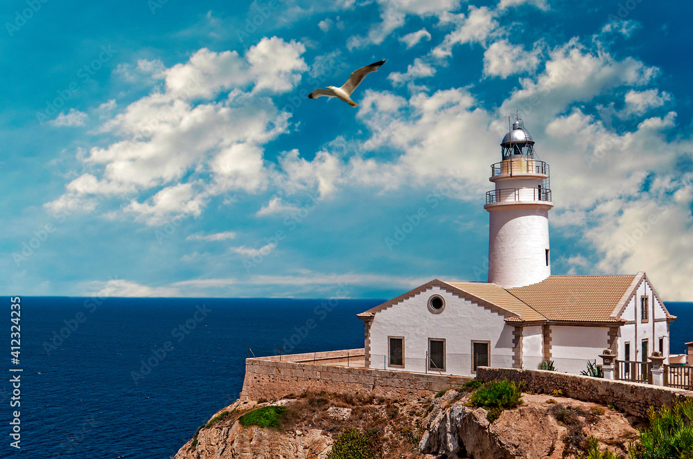 White lighthouse at Cala Ratjada, Majorca, Spain