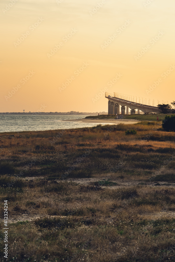 Re island bridge at sunrise on a sunny morning. beautiful colors. view from rivedoux-plage, France. portrait format