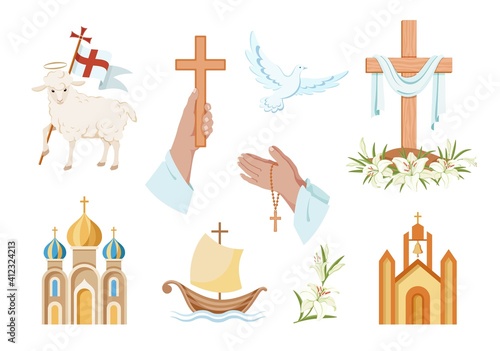 Religious christian signs and symbols. Set of colorful icons.  Church, hands holding  cross, dove with branch, fish and ship. Cross with shroud. Lamb is symbol of Christ's sacrifice. Isolated. Vector