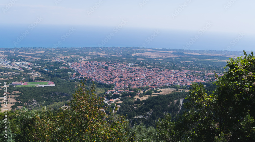 View of the mountain town of Litochoro from Mount Olympus in Greece.