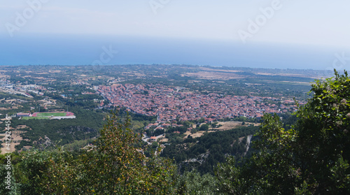 View of the mountain town of Litochoro from Mount Olympus in Greece.