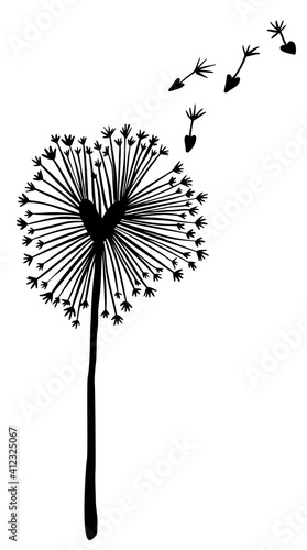 Abstract doodled vector dandelion flower with heart shaped middle and flying seeds.