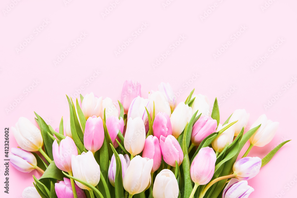 Pink and white tulips bouquet on a light pink background, selective focus. Flat lay, copy space