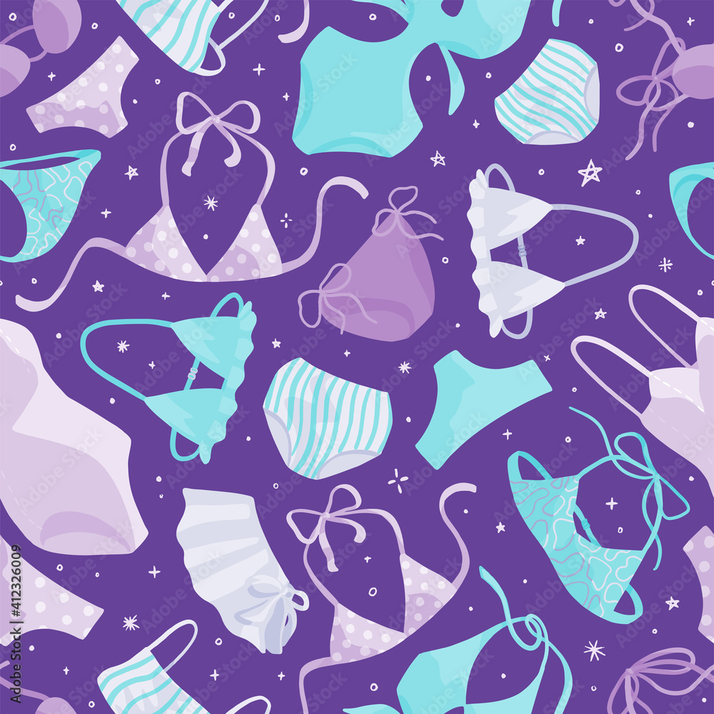 Womens swimsuits, bikini, one-piece swimwear. Hand drawn vector seamless pattern. Colorful ornament for summer, vacation, beach theme. Design for fabric, textile, wallpapers, print, decor, background. Womens swimsuits, bikini, one-piece swimwear. Hand drawn vector seamless pattern. Colorful ornament for summer, vacation, beach theme. Design for fabric, textile, wallpapers, print, decor, background.
