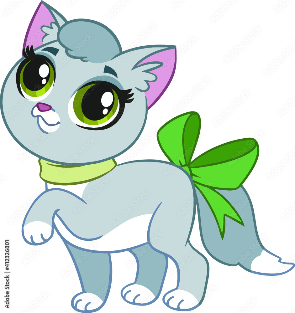 Gray cute little cat with a bow on the tail. On a white background. Vector illustration in cartoon style. Gray cute little cat with a bow on the tail. On a white background. Vector illustration in cartoon style.