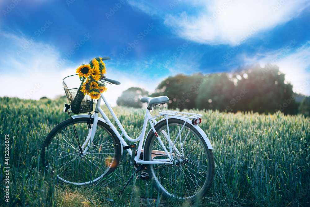 Naklejka premium Vintage framed bicycle with sunflowers in basket standing in the field