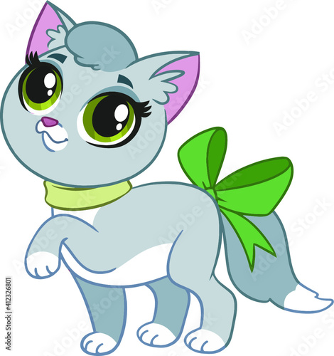 Gray cute little cat with a bow on the tail. On a white background. Vector illustration in cartoon style.