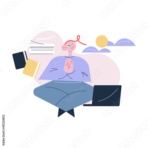 Young happy man worker trying to meditate near laptop in office