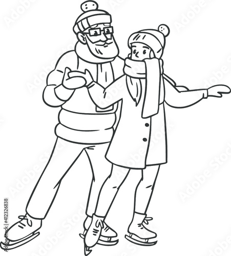 Couple of lovers man and woman skate on the rink or lake. Black and white image for tattoo or coloring or logo. Vector illustration in graphic style.