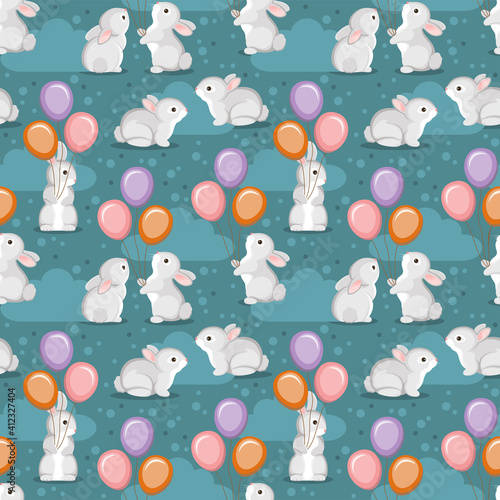 Seamless pattern with adorable cartoon bunnies with colorful balloons. Vector illustrtion.