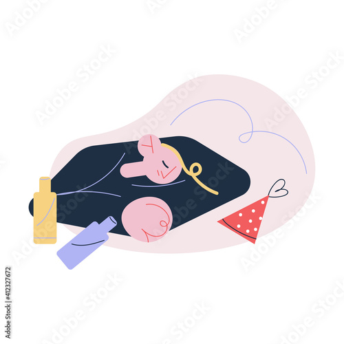Young man sleeping on floor between bottles suffering from hangover