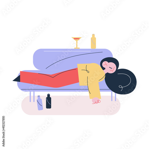 Young woman sleeping on sofa with bottles and glasses suffering from hangover in morning