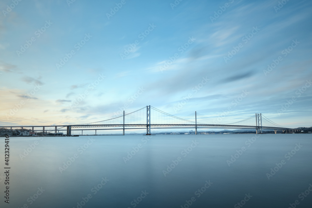 Two bridges against the blue sky, Forth Road Brtidge and Queensferry Crossing, Scotland, United Kingdom