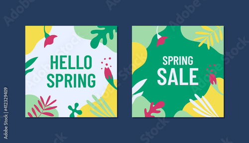 Beginning of the spring season concept. Web banners templates with floral elements and abstract shapes in bright colors.