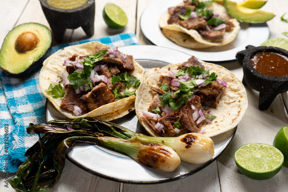 Grilled beef steak tacos on white background. Mexican food