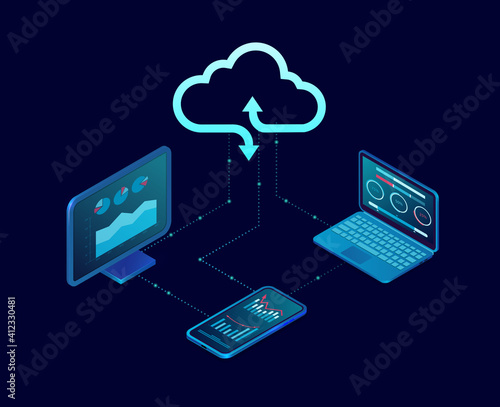 Vector of a computer and mobile devices connected to cloud server service