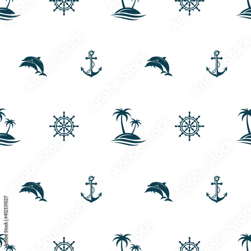 nautical seamless pattern with helm, anchor, dolphin and palms on white background
