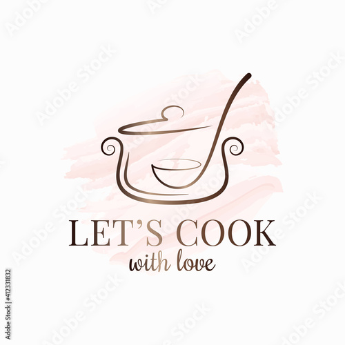 Pan with ladle watercolor logo. Kitchen spoon